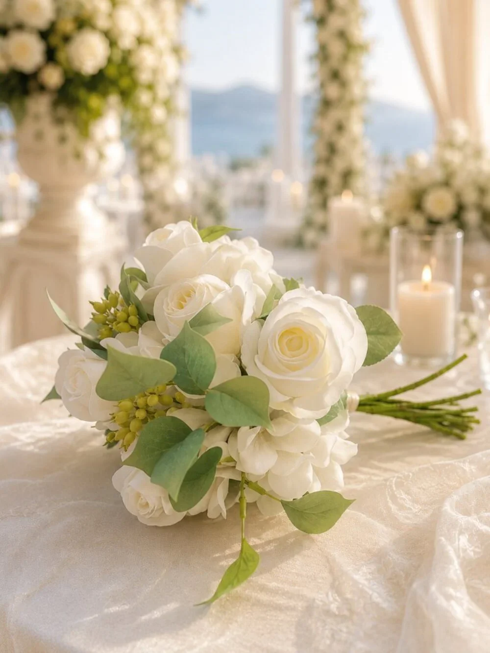 Custom Made Realistic Wedding  Bouquet Silk Roses, Sage & Eucalyptus Greenery